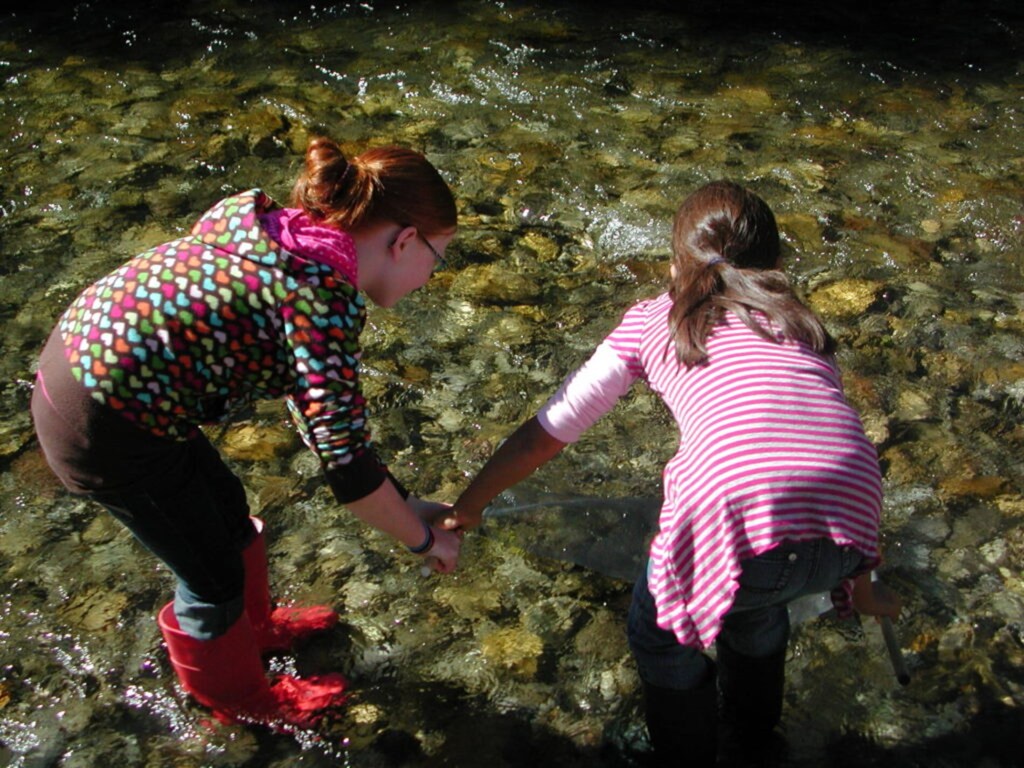 Two girls stand in a stream and take samples