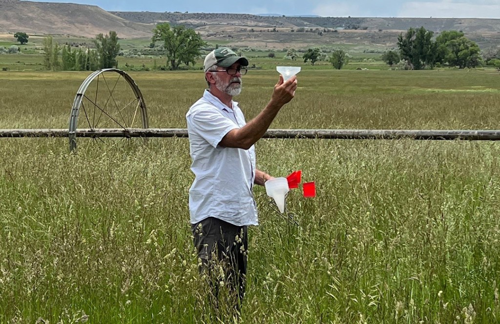 A man stands in a field of tall grass holding up a plastic container next to irrigation equipment