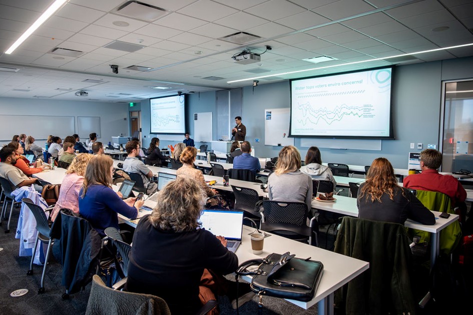 Panelists José Aranda and Jared Bynum discuss communication strategies for civic engagement in a classroom.