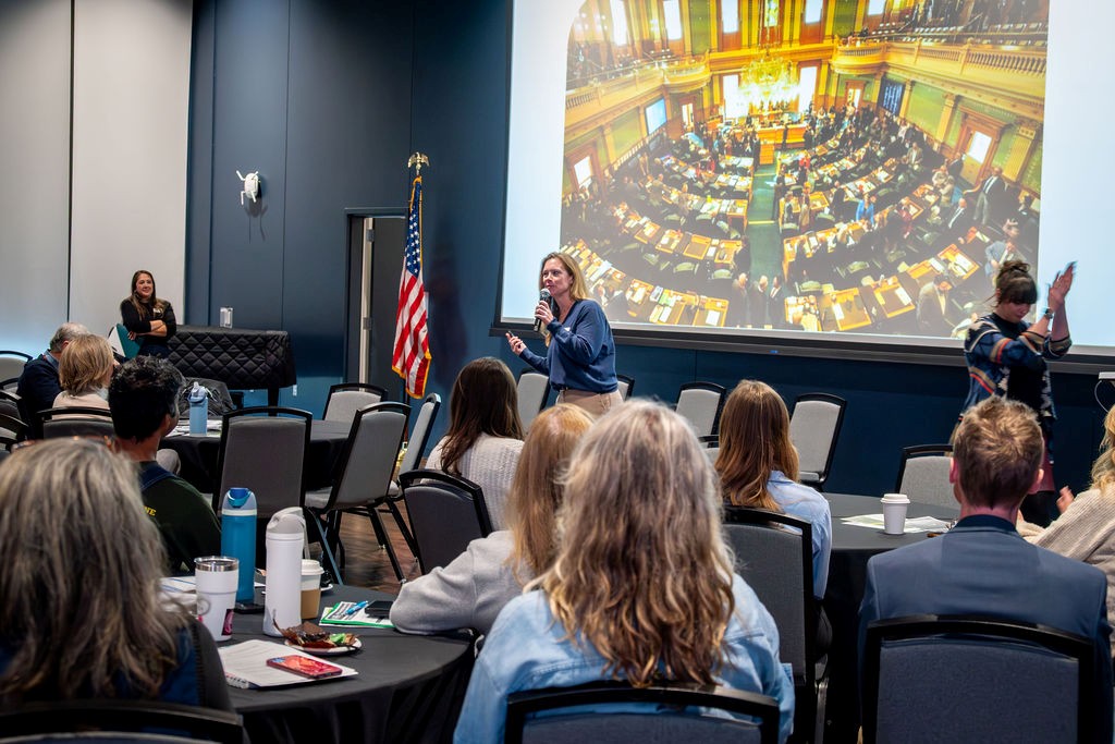 Cally King moderates a discussion on civic participation in Colorado’s legislative process with Patti Schmitt and Jolie Brawner.
