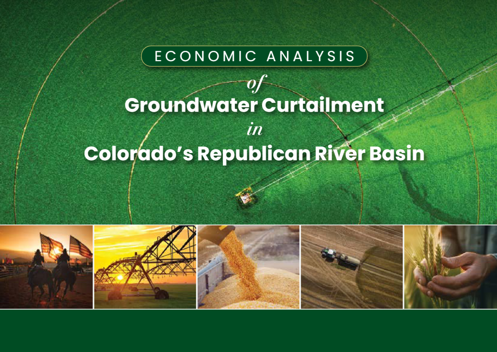 Report cover showing an aerial view of a green agricultural field with a center‑pivot irrigation system, overlaid with the title “Economic Analysis of Groundwater Curtailment in Colorado’s Republican River Basin.”