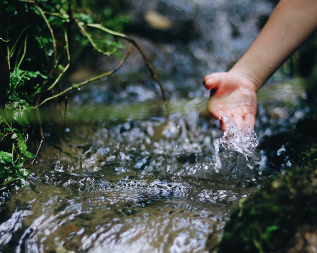 A hand reaches in to scoop water from a stream