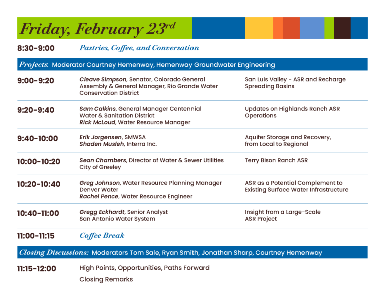 Agenda for Friday, February 23 for the Subsurface Water Symposium.